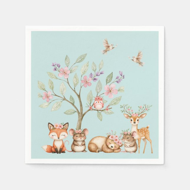 Precious Woodland Animals Baby Shower Napkin (Front)