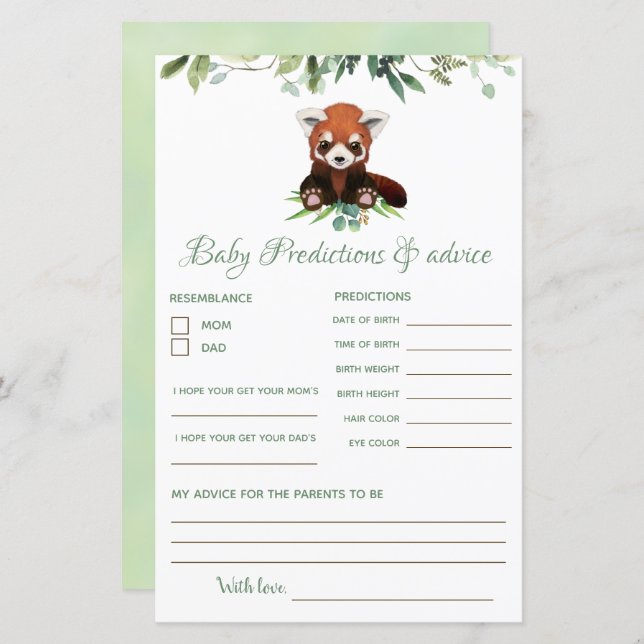 Predictions & Advice Baby Shower Games Red Panda (Front/Back)