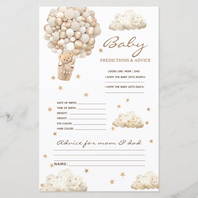 Predictions & Advice Cute Bear Neutral Baby Shower (Front)