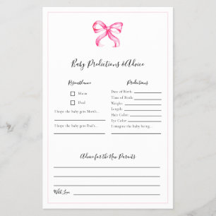  Predictions and Advice Game Pink Bow Baby Shower Flyer