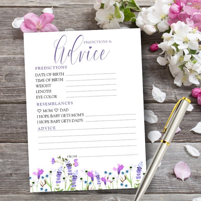 Predictions and Advice Wildflower Printable Card (Predictions and Advice card from my Purple Wildflower Baby Shower Collection)