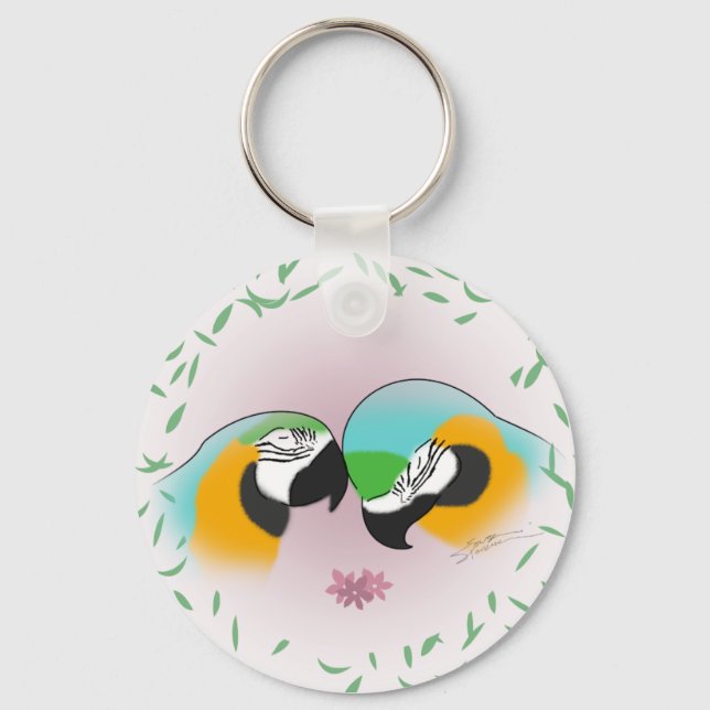Preening Blue & Gold Macaws Keychain (Front)