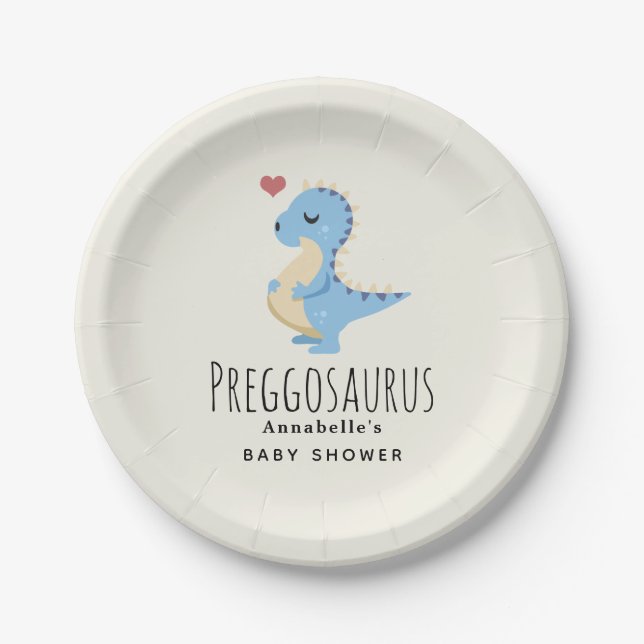 Preggosaurus Cute Dinosaur Boy Baby Shower Paper Plate (Front)