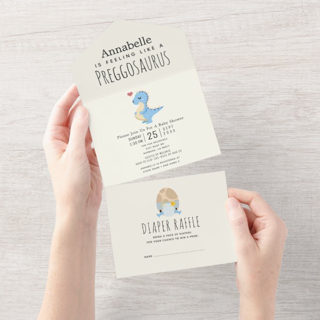 Preggosaurus Cute Funny Dinosaur Boy Baby shower  All In One Invitation (Tearaway)