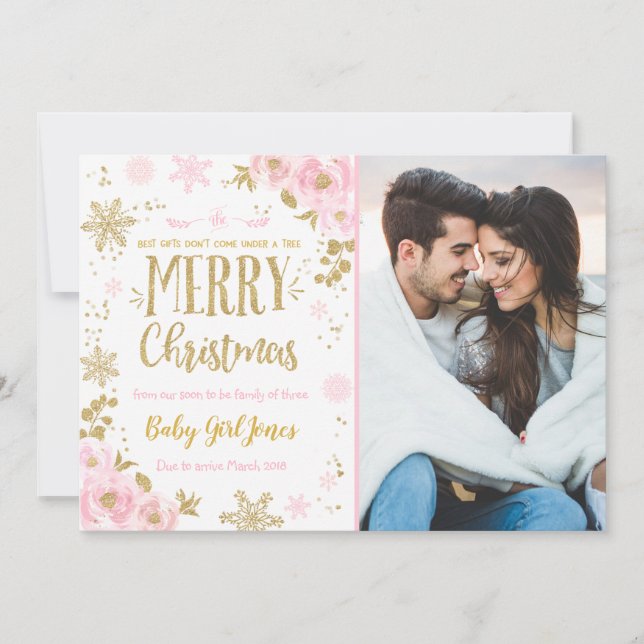 Pregnancy Announcement Christmas Photo Card Gold (Front)