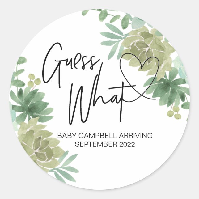 Pregnancy Announcement Guess What Baby Succulents Classic Round Sticker (Front)