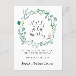 Pregnancy Announcement Pink Green Floral Wreath Postcard
