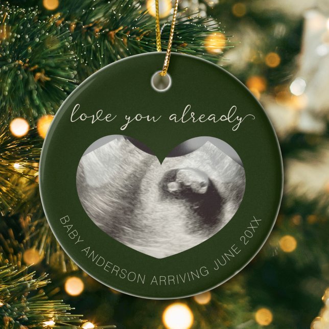 Pregnancy Announcement Ultrasound Keepsake Heart Ceramic Tree Decoration ("love you already" pregnancy announcement ultrasound photo in a heart shape with name and due date)