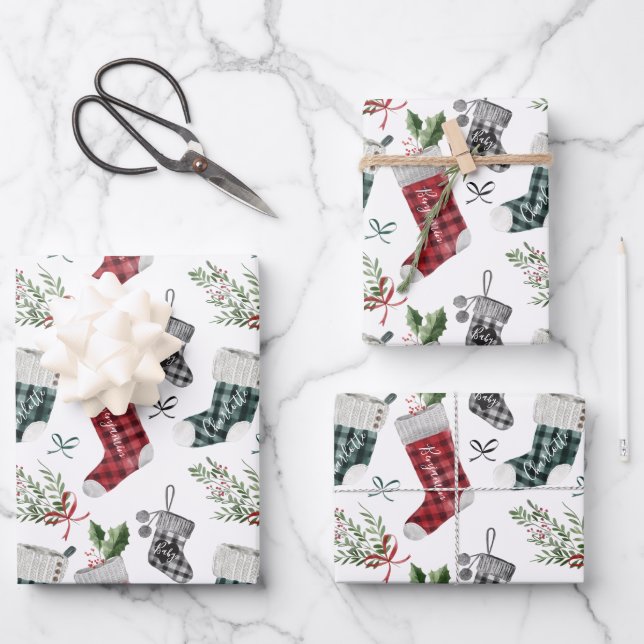 Pregnancy Announcement Watercolor Family Stockings Wrapping Paper Sheet (Front)