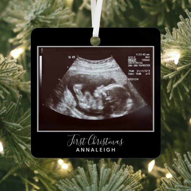 Pregnancy Ultrasound Photo First Christmas Holiday Metal Tree Decoration (Insitu)