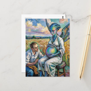 Pregnant Alien and a Farmer Visit in Wheat Field Postcard