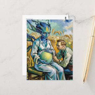 Pregnant Alien Doctor Visit in Wheat Field Postcard