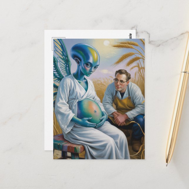 Pregnant Alien With Wings in Wheat Field Surreal Postcard (Front/Back In Situ)