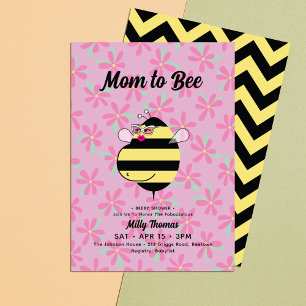 Pregnant Bee w/Glasses Pink Floral Baby Shower Invitation