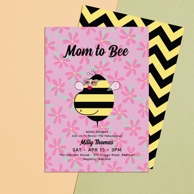 Pregnant Bee w/Glasses Pink Floral Baby Shower Invitation (Creator Uploaded)