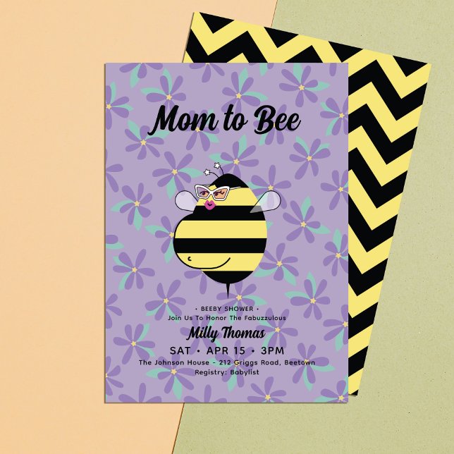 Pregnant Bee w/Glasses Purple Floral Baby Shower Invitation (Creator Uploaded)