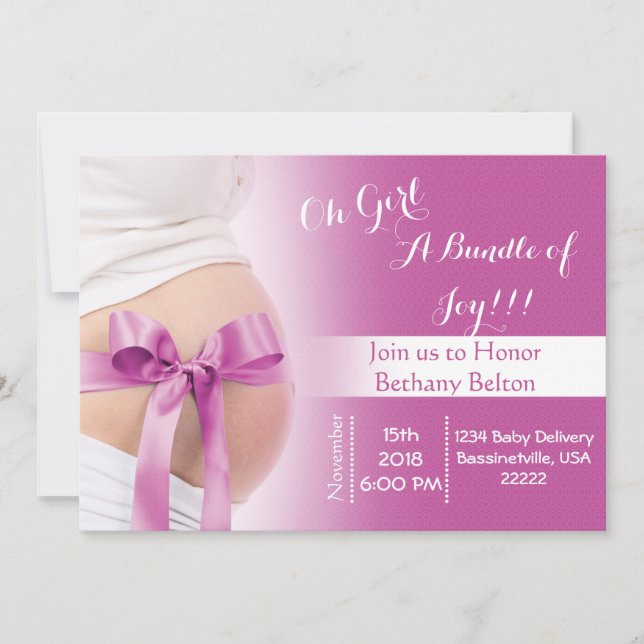 Pregnant Belly Pink Girl Ribbon Baby Shower Invite (Front)