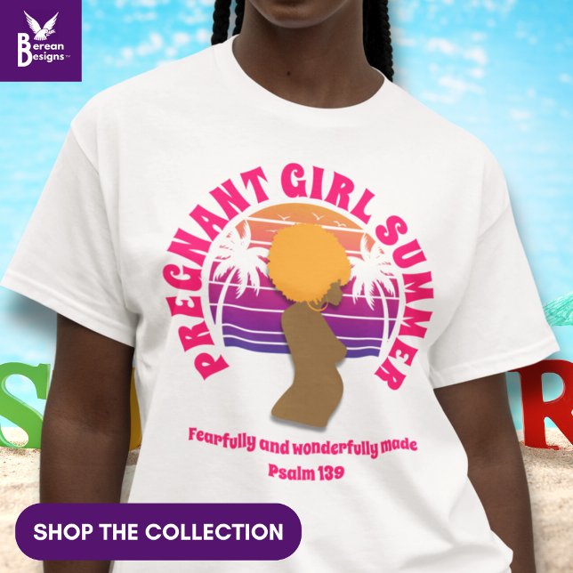 PREGNANT GIRL SUMMER Christian Bible Verse T-Shirt (Pregnant Girl Summer with customizable Christian Bible verse and afro queen silhouette and sunset)