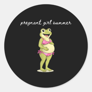 Pregnant Girl Summer Frog Beach Pregnancy Reveal Classic Round Sticker
