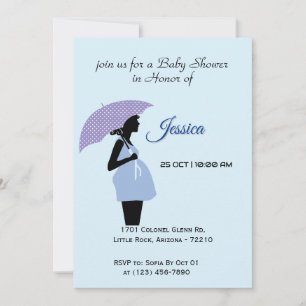 Pregnant Lady with Polka Dot Umbrella Soft Blue Invitation