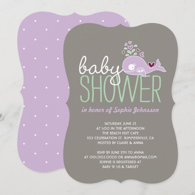 Pregnant Lilac Whale Twin Girls Baby Shower Invite (Front/Back)