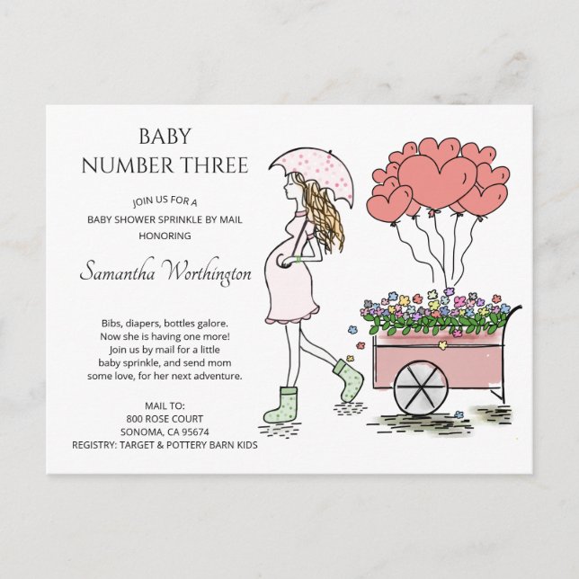Pregnant Mum 3rd Baby Sprinkle Shower By Mail Invitation Postcard (Front)