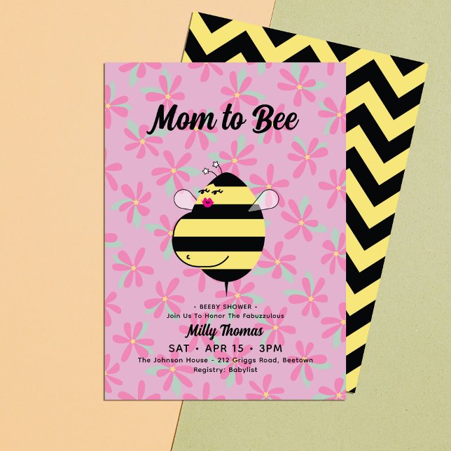 Pregnant Mum Bee Pink Floral Baby Shower Invitation (Creator Uploaded)