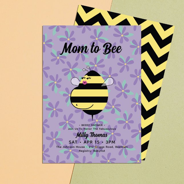 Pregnant Mum Bee Purple Floral Baby Shower Invitation (Creator Uploaded)