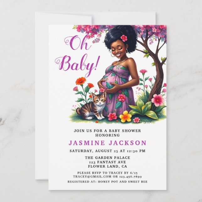 Pregnant Mum Cat Floral Purple Baby Shower Invitation (Front)