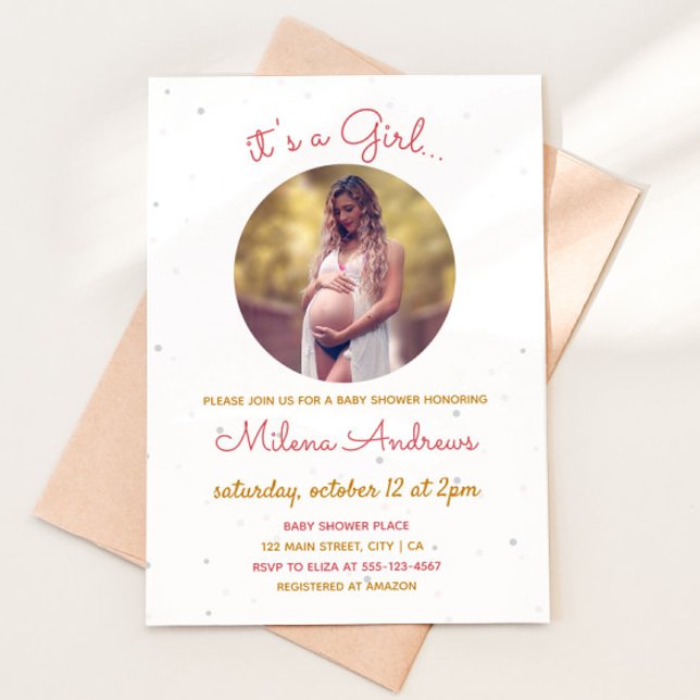 Pregnant Mum Photo Round Frame Baby Girl Shower Invitation (Creator Uploaded)