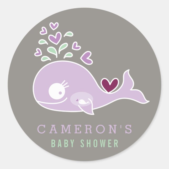 Pregnant Mum Purple Whale Girl Baby Shower Sticker (Front)