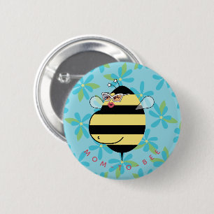 Pregnant Mum-to-Bee with Glasses Teal Blue Floral  6 Cm Round Badge