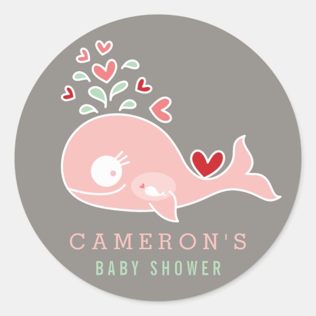 Pregnant Mummy Pink Whale Girl Baby Shower Sticker (Front)
