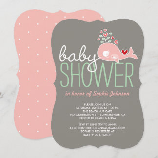 Pregnant Pink Mummy Whale Cute Girl Baby Shower Invitation