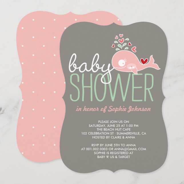 Pregnant Pink Whale Twin Girls Baby Shower Invite (Front/Back)