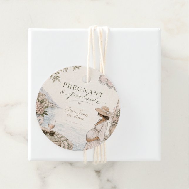 Pregnant & poolside baby shower favour tags (In Situ)