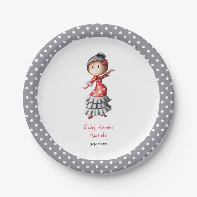 Pregnant Sevillana Flamenco Dancer Baby Shower Paper Plate (Front)