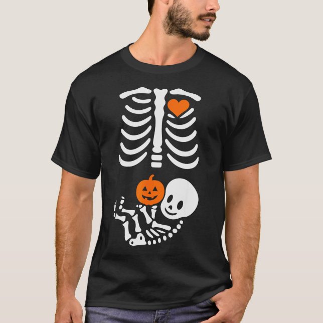 Pregnant Skeleton Baby Bump Funny Halloween Tee  (Front)