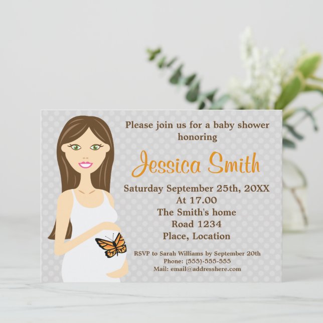 Pregnant Woman - White Butterfly Dress Baby Shower Invitation (Standing Front)