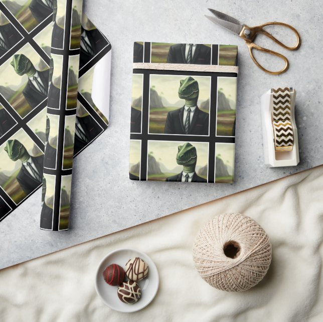 Prehistoric Dinosaur Businessman, Fun AI Generated Wrapping Paper (Crafts)