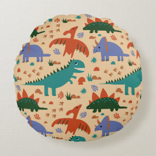 Prehistoric Dinosaurs & Fossil Prints Pattern Round Cushion