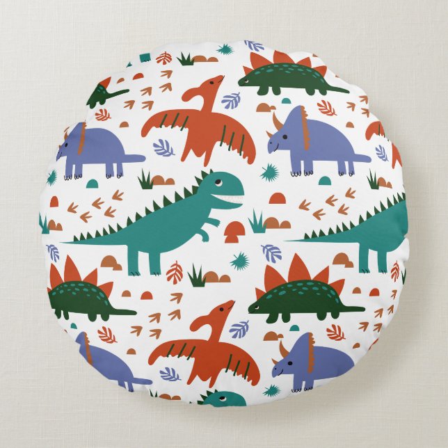 Prehistoric Dinosaurs & Fossil Prints Pattern Round Cushion (Front)