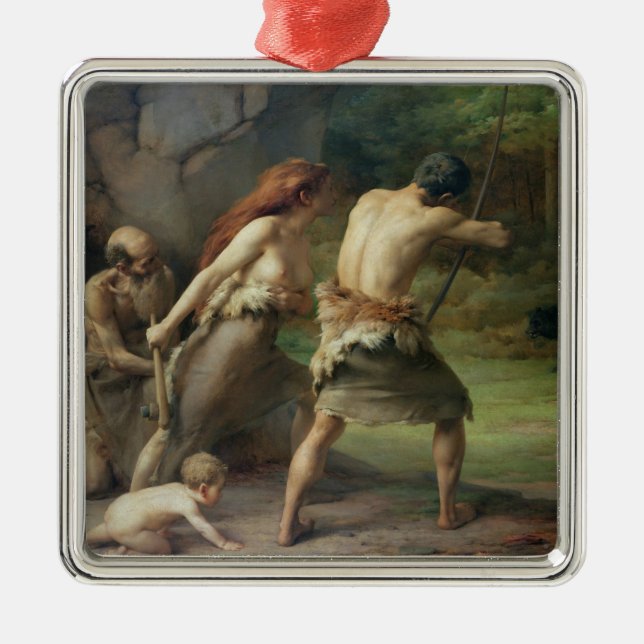 Prehistoric Man Hunting Bears, 1832 Metal Tree Decoration (Front)
