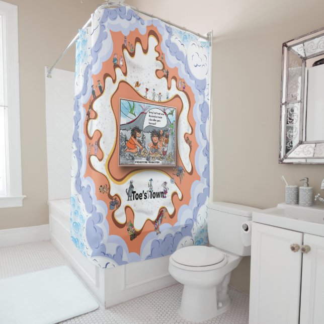 Prehistoric Pranksters | Satirical Humor Shower Curtain (In Situ)