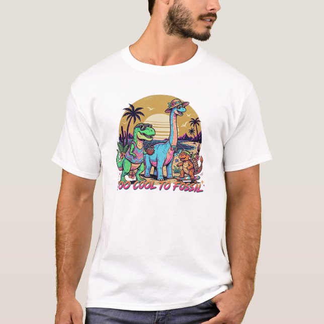 Prehistoric Summer Squad Retro Dinosaur Sunset Gra T-Shirt (Front)
