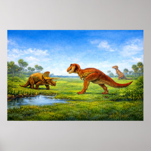 Prehistoric Tyrannosaurus & Triceratops Dinosaurs Poster