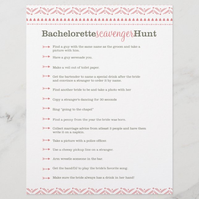 Premade Pink Bachelorette Scavenger Hunt Game (Front)