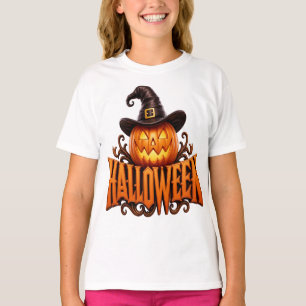 Premium 3D Halloween Pumpkin Logo with Witch Hat T-Shirt