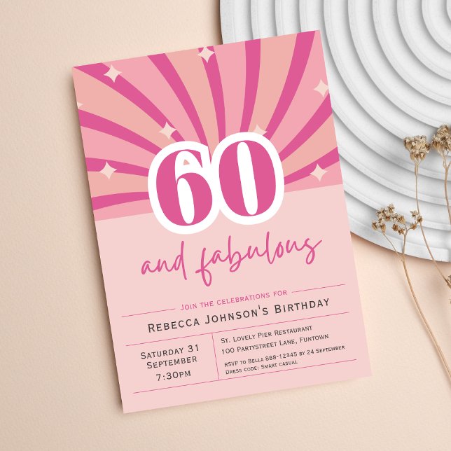 Premium 60th Birthday Invitation pink retro (60th birthday Invitation 60 and fabulous retro pink sixty party)