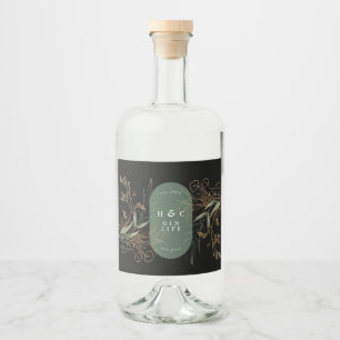 Premium Abstract Black Modern Eucalyptus Oval Gin Liquor Bottle Label